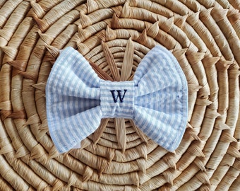 Seersucker Dog Bow Tie, Personalized with 1 letter, Blue and White, Bow Tie For Dogs, Dog Neckwear and Accessories, Pet Supplies, Dogs