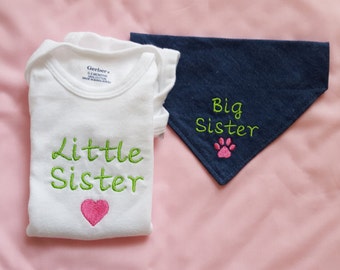 Big Brother Or Big Sister Dog Bandana with Little Sister Baby Bodysuit, New Baby Gift, Shower Gift, Baby Announcement, Dogs, Infants