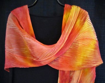 Sweet Potatoes - Arashi Shibori Hand Dyed & Hand Pleated Silk Shawl/Scarf, Orange Silk Shawl/Scarf, Lightweight Scarf/Shawl,