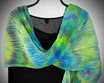 Hootenanny Days-Arashi Shibori Hand Dyed/Hand Pleated Silk Shawl/Scarf, Green Silk Shawl/Scarf, Shawls and Wraps