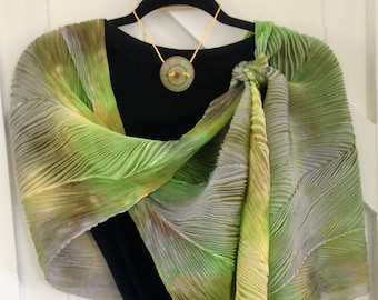 Grasshopper Vespers - Arashi Shibori Hand Dyed & Hand Pleated Silk Scarf/Shawl, Lightweight Silk Wrap, Yellow/Apple Green/Brown/Gray Scarf