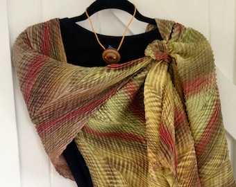 Island Fox - Arashi Shibori Hand Dyed & Hand Pleated Silk Scarf/Shawl, Olive/Brown/Rust/Yellow/Butterscotch Silk Scarf/Wrap