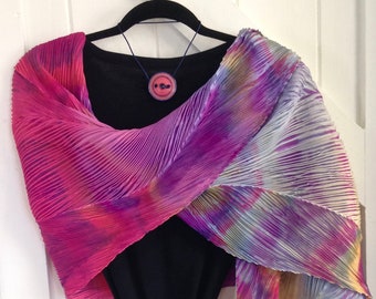 Garden Fairies-Arashi Shibori Hand Dyed & Hand Pleated Silk Shawl/Scarf, Shibori Silk Shawl/Scarf, Rainbow, Purple/Magenta/Light Yellow/Blue