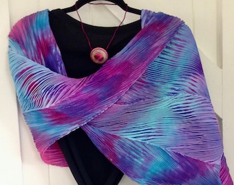 Mimosa - Arashi Shibori Hand Dyed & Hand Pleated Silk Shawl/Scarf, Short Wrap, Lavender/Turquoise/Coral/Purple/Pink Silk Scarf