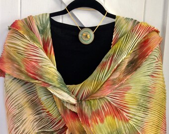 Carnival- Arashi Shibori Hand Dyed/Hand Pleated Silk Scarf/Shawl, Yellow/Reddish Orange/Olive Green Silk Scarf/Wrap