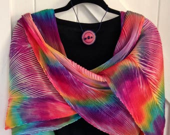 Kissin Cousins II - Arashi Shibori Hand Dyed & Hand Pleated Silk Shawl/Scarf, Rainbow Silk Wrap, Shawls, Lightweight