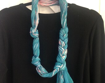 Clearance Necklaces - Double Bubble - Arashi Shibori Hand Dyed & Hand Pleated Silk Scarf Necklace, Flesh Pink/Aqua Silk Scarf Necklace