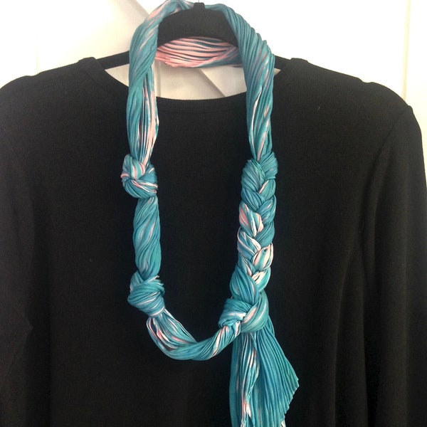 Clearance Necklaces - Double Bubble - Arashi Shibori Hand Dyed & Hand Pleated Silk Scarf Necklace, Flesh Pink/Aqua Silk Scarf Necklace