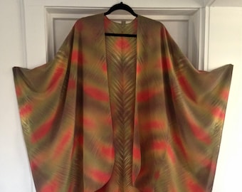 SALE CAPES - Sundial - Arashi Shibori Hand Dyed Crepe de Chine Silk Cape - Wraps, Olive/Brown/Scarlet Silk Wrap, One Size Fits All