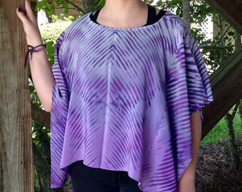 Aunt Mosey - Arashi Shibori Hand Sewn & Hand Dyed Crepe de Chine Silk Short Poncho, Purple Silk Poncho, Short Shibori Poncho,