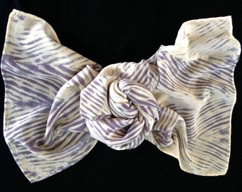 Absent - Arashi Shibori Hand Dyed Crepe de Chine Silk Scarf, Short Silk Scarf, Cream/Charcoal Gray Silk Scarf