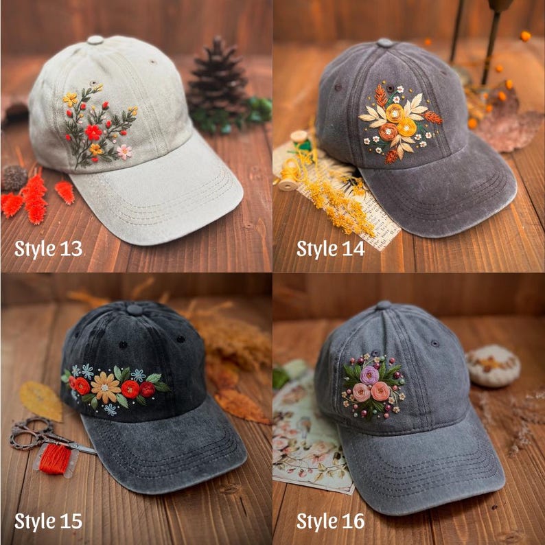May include: Four baseball caps with floral embroidery. The caps are in various colors: light gray, dark gray, and black. Each cap has a different floral design. The text "Style 13", "Style 14", "Style 15", and "Style 16" is printed on the image.