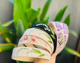 Floral Embroidered Linen Headband: Hand-stitched Turban Hair Accessory