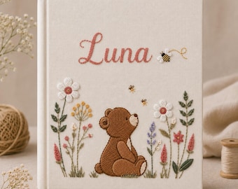 Álbum de fotos personalizado com urso e flores, álbum de recordações para bebês bordado à mão, álbum de fotos bordado com capas protetoras, álbum de recortes para bebês