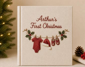 Gepersonaliseerd fotoalbum voor de eerste kerst van je baby, handgeborduurd kerstherinneringsboek, babyboek met herinneringen, gepersonaliseerd cadeau voor de babykamer