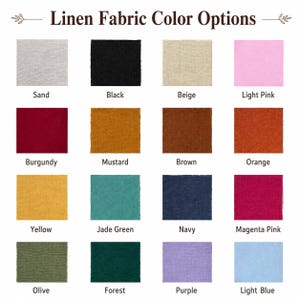 Op de afbeelding: Een raster van zestien vierkante linnen stofstalen met het opschrift Linen Fabric Color Options. De kleuren zijn zand, zwart, beige, lichtroze, bordeaux, mosterd, bruin, oranje, geel, jadegroen, marineblauw, magentarose, olijfgroen, bosgroen, paars en lichtblauw.