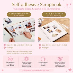 Op de afbeelding: Zelfklevend plakboek verkrijgbaar in twee maten: een ringband-plakboek van 23 x 23 cm met 50 pagina's en een groot plakboek van 33 x 34 cm met 40 pagina's. Beide zijn voorzien van doorzichtige beschermhoezen en een platliggend ontwerp.