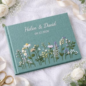 Livro de assinaturas de casamento bordado à mão personalizado, livro de esboços bordado artesanal, livro de assinaturas de casamento em linho, álbum de recordações