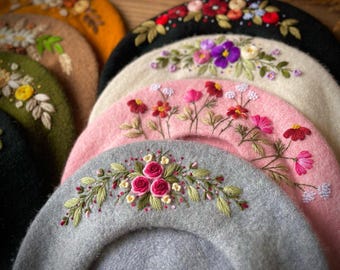 花柄刺繍ウールベレー帽、デイジーフレンチベレー帽刺繍、フレンチ