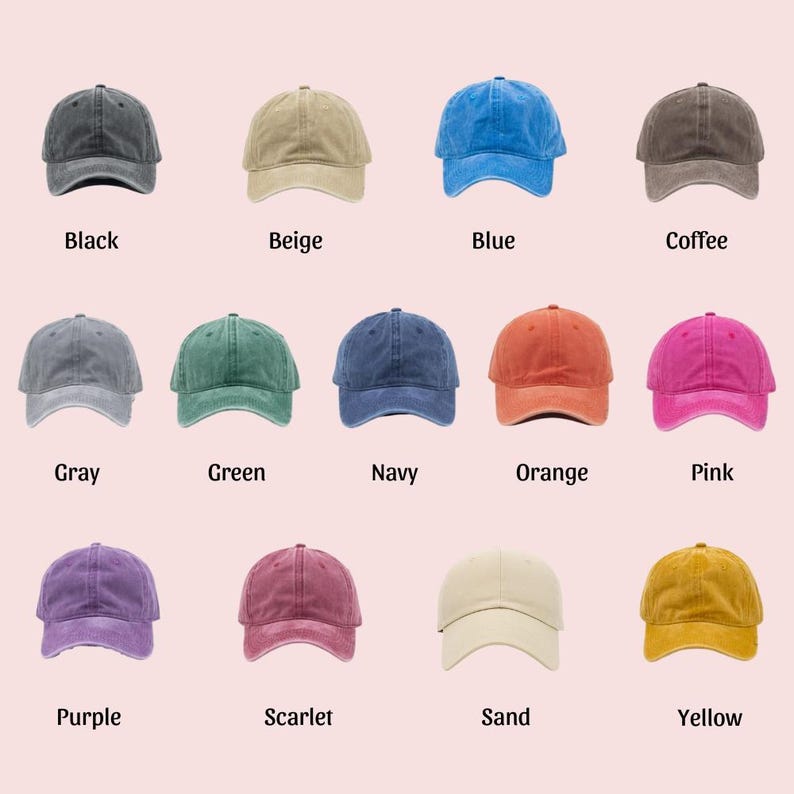 May include: A collection of baseball caps in various colors, including black, beige, blue, coffee, gray, green, navy, orange, pink, purple, scarlet, sand, and yellow. Each cap has a curved brim and a fabric strap closure.