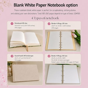 Op de afbeelding: Een productoverzicht met vier soorten notitieboeken met blanco wit papier. De opties omvatten een A5-notitieboek, een A5-map met 6 ringen, een A4-gastendoek in liggend formaat en een A4-map met 4 ringen. Tekst vermeldt afmetingen in cm en paginatallen.