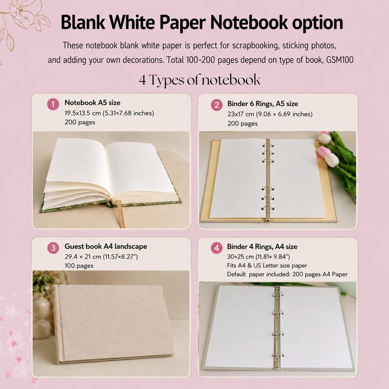 Op de afbeelding: Een productoverzicht met vier soorten notitieboeken met blanco wit papier. De opties omvatten een A5-notitieboek, een A5-map met 6 ringen, een A4-gastendoek in liggend formaat en een A4-map met 4 ringen. Tekst vermeldt afmetingen in cm en paginatallen.