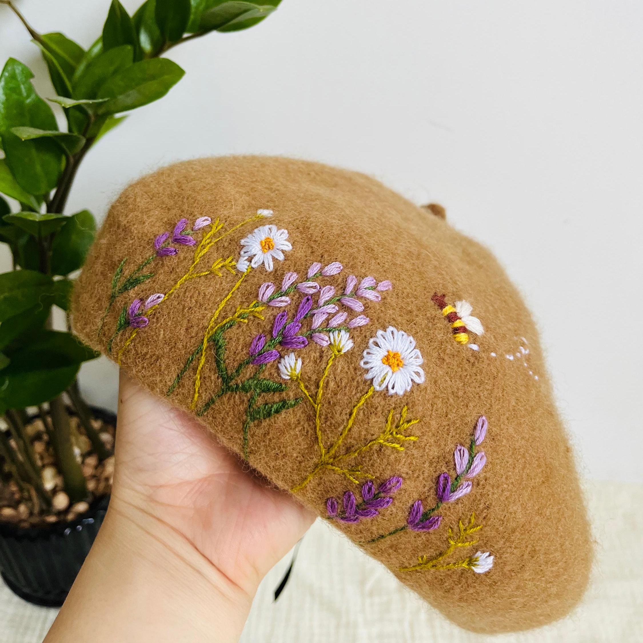 花柄刺繍ウールベレー帽、デイジーフレンチベレー帽刺繍、フレンチ
