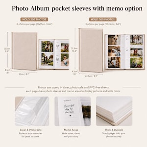 Op de afbeelding: Twee beige fotoalbums met insteekhoezen en memovakken. E&eacute;n album bevat 200 foto's en meet 22,5 cm bij 22 cm bij 4,5 cm. De andere bevat 300 foto's en meet 32,5 cm bij 22,5 cm bij 4,5 cm. Inclusief heldere, PVC-vrije fotovellen voor 10x15cm foto's.