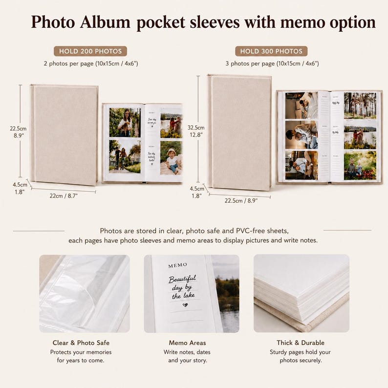 Op de afbeelding: Twee beige fotoalbums met insteekhoezen en memovakken. E&eacute;n album bevat 200 foto's en meet 22,5 cm bij 22 cm bij 4,5 cm. De andere bevat 300 foto's en meet 32,5 cm bij 22,5 cm bij 4,5 cm. Inclusief heldere, PVC-vrije fotovellen voor 10x15cm foto's.