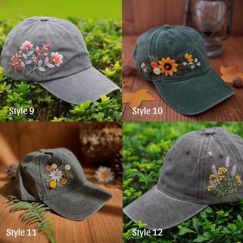 May include: Four baseball caps with floral embroidery. Styles include a gray cap with pink and white flowers, a green cap with sunflowers, a gray cap with daisies, and a gray cap with a bee and yellow flowers. Each cap has a curved brim.