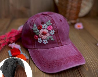 Custom Floral Embroidered Ponytail Cap, Hand embroidered Ponytail Cap, Daisy Hand Embroidered Ponytail Cap, Gift For Her
