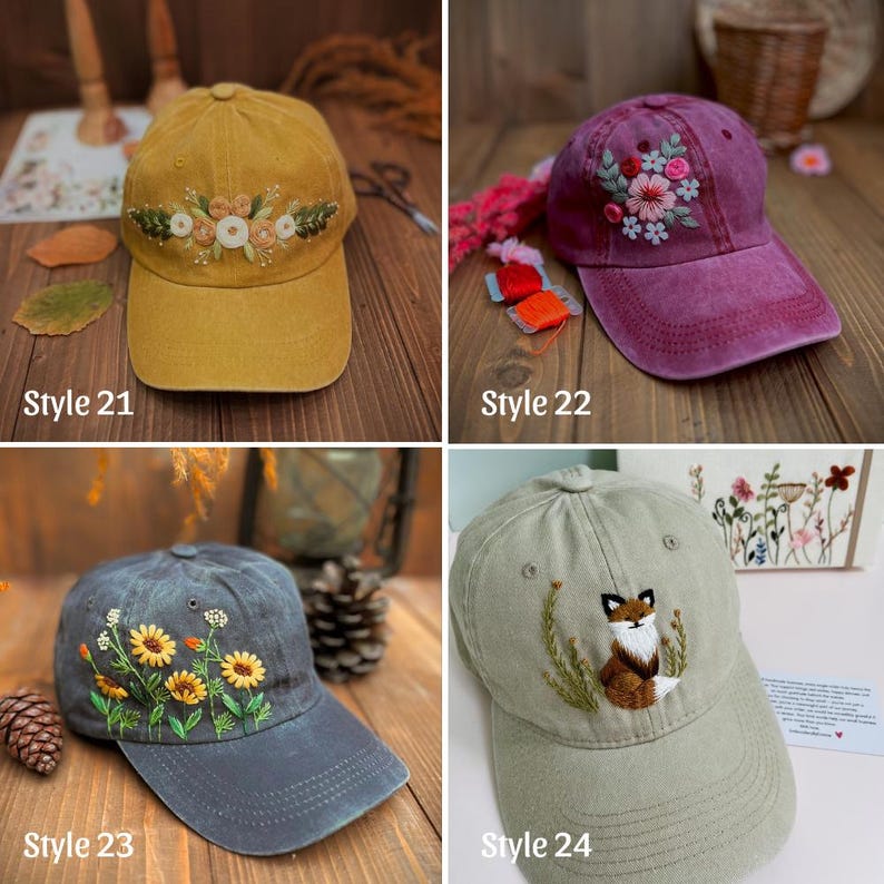 May include: Four embroidered baseball caps in various colors. Styles include mustard yellow with floral embroidery, a deep purple with floral embroidery, a denim blue with sunflower embroidery, and a sage green cap with a fox design. Each cap has a curved brim.