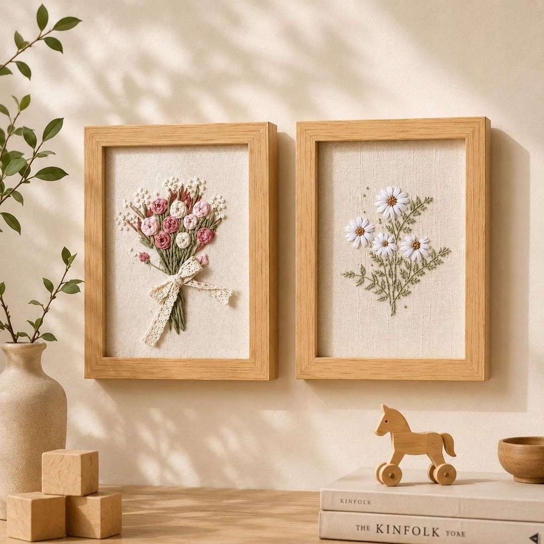 Hand Embroidered Floral Wall Decor, Framed Flower Embroidery Art ...