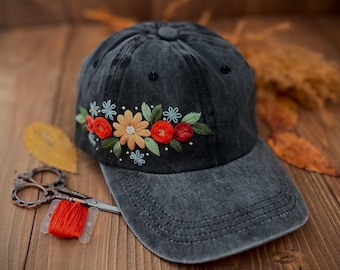 手刺繍の花柄ベースボールキャップ、ユニークな花柄デザイン、刺繍