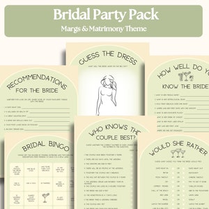 May include: A printable bridal party pack with a green and beige color scheme. The pack includes games like "Guess the Dress", "How Well Do You Know the Bride?", "Who Knows the Couple Best?", "Recommendations for the Bride", "Bridal Bingo", and "Would She Rather".