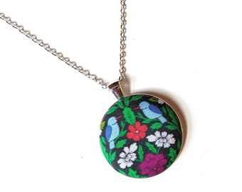 Modern floral damask handmade fabric necklace - birds and flowers fabric necklace - blue, purple, green, and black  fabric button necklace