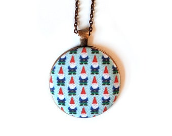 Gnome handmade fabric necklace - fabric button necklace - blue necklace with cute and tiny gnomes