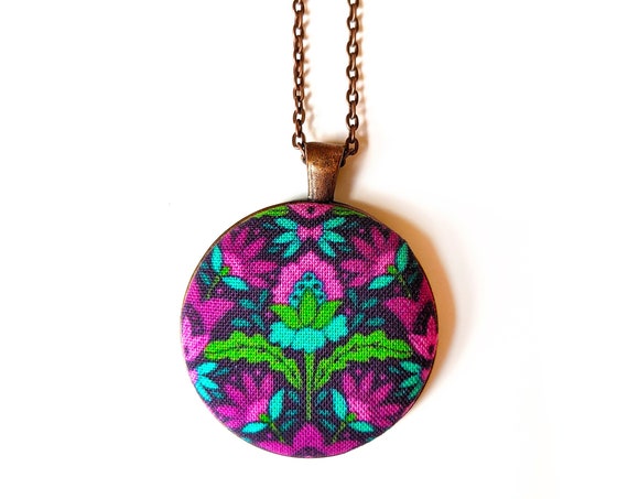 Maximal flowers handmade fabric necklace - purple, pink, and green fabric button necklace - Bright and happy floral pendant necklace