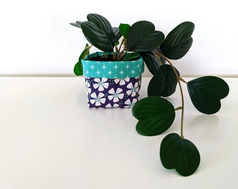 Floral fabric plant cozy with faux plant - navy and teal floral planter - navy blue and teal green flower fabric plant pot cover