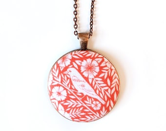Orange bird and flowers handmade fabric necklace - fabric button necklace - Blockprinted bird necklace