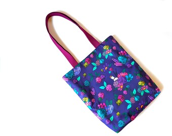 Dungeons and dragons dice tote bag in purple - DND tote bag with flowers, dice, and crystals - floral print dnd tote bag in purple