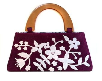 Purple floral handbag with wooden handles - screen printed by hand