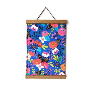 Fabric wall hanging Colorful flowers fabric wall art Blue floral wall tapestry with wooden magnetic hangers image 1