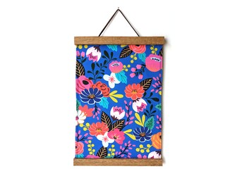 Fabric wall hanging - Colorful flowers fabric wall art - Blue floral wall tapestry with wooden magnetic hangers