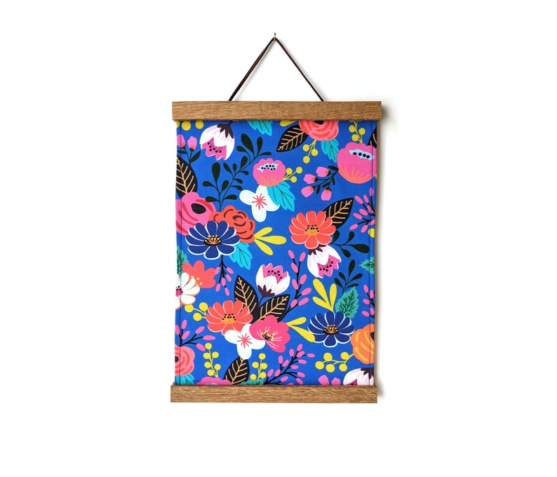 Fabric wall hanging Colorful flowers fabric wall art Blue floral wall tapestry with wooden magnetic hangers image 1