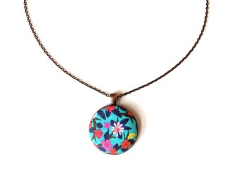 Aqua floral handmade fabric necklace - fabric button necklace - aqua blue flower necklace