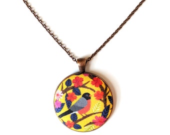Robin on a floral branch handmade fabric necklace - fabric button necklace - yellow bird necklace