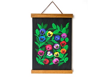 Spring pansies fabric wall hanging - Pansy floral fabric wall art - Colorful pansy flower wall tapestry with wooden magnetic hangers