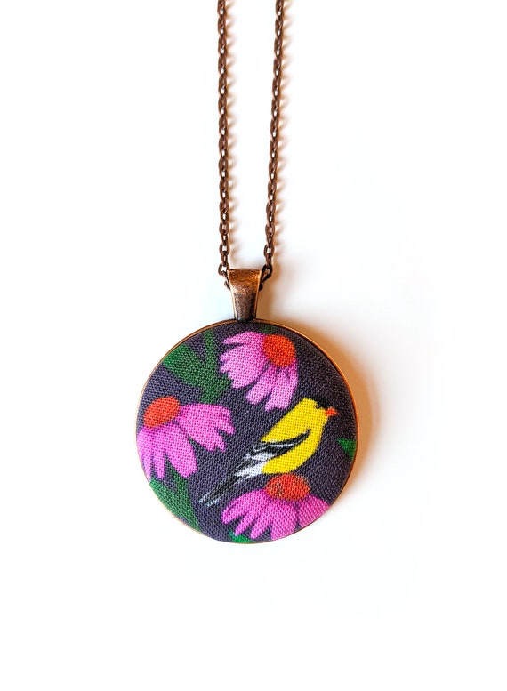 Goldfinch and Coneflowers Handmade Fabric Necklace Yellow Bird