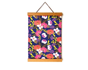 Fabric wall hanging - Pink flowers fabric wall art - Blue floral fabric wall decor with wooden magnetic hangers - framed floral wall art